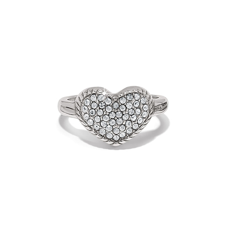 Silver plated domed heart ring with pave crystal encrustation