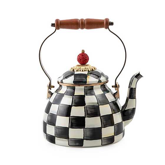 Enamel tea kettle with Courtly Check pattern, wood handle, brass accents, and bronzed stainless steel rim.