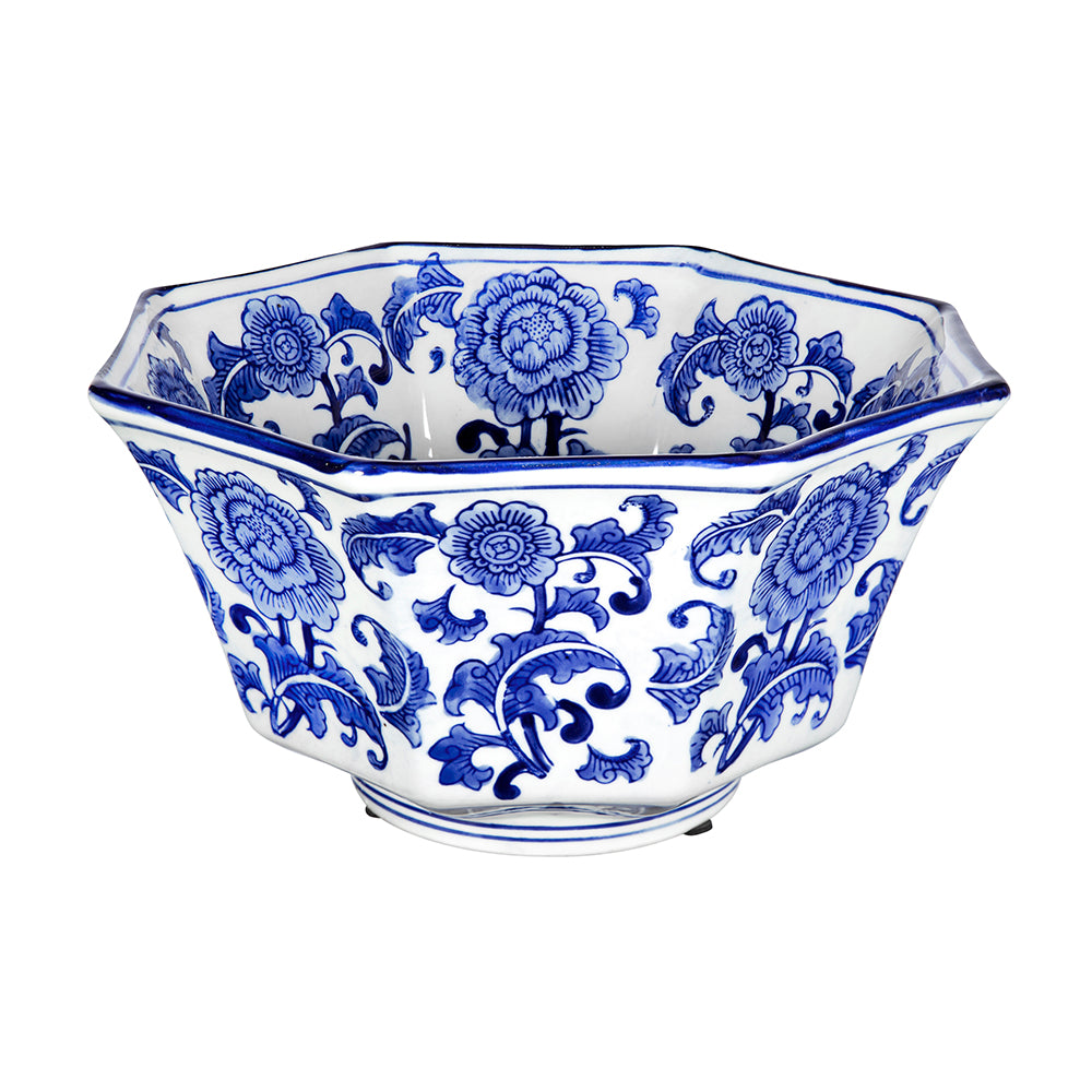 Blue and white porcelain centerpiece decorative bowl with a round shape.