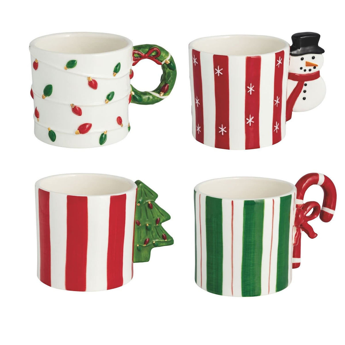Hand-painted white stoneware mug with whimsical Christmas figural handle