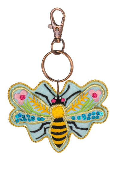 Multi-colored embroidered bee purse charm with delicate beads measuring 3 inches wide.
