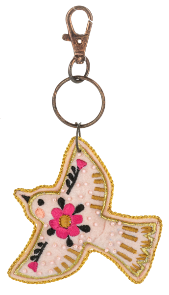 Multi-colored embroidered bird purse charm with delicate beaded accents