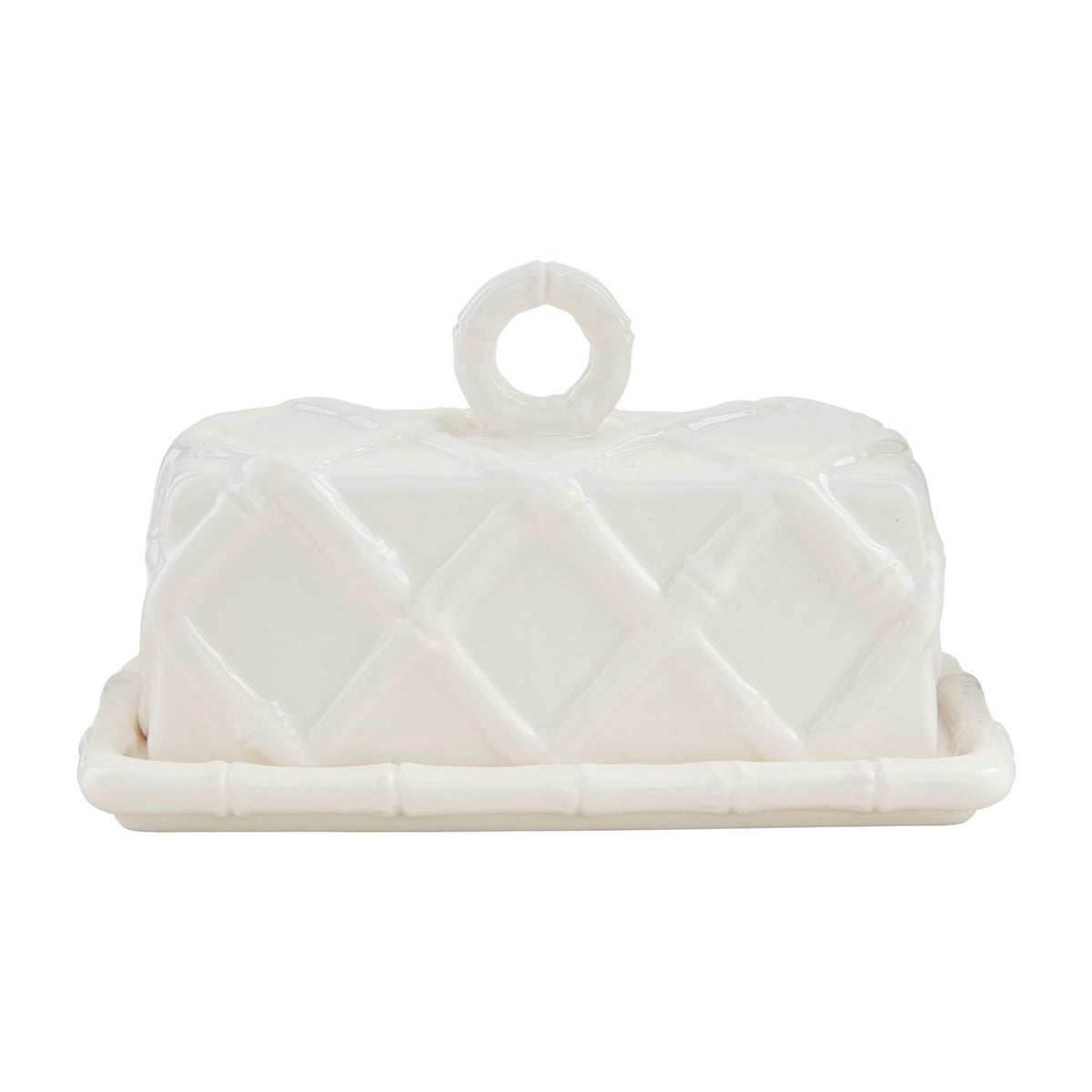 White stoneware butter dish with bamboo textured detail on lid