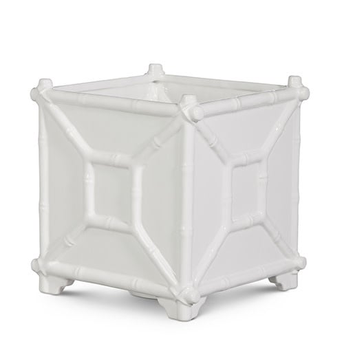 Square white ceramic planter with bamboo-style texture