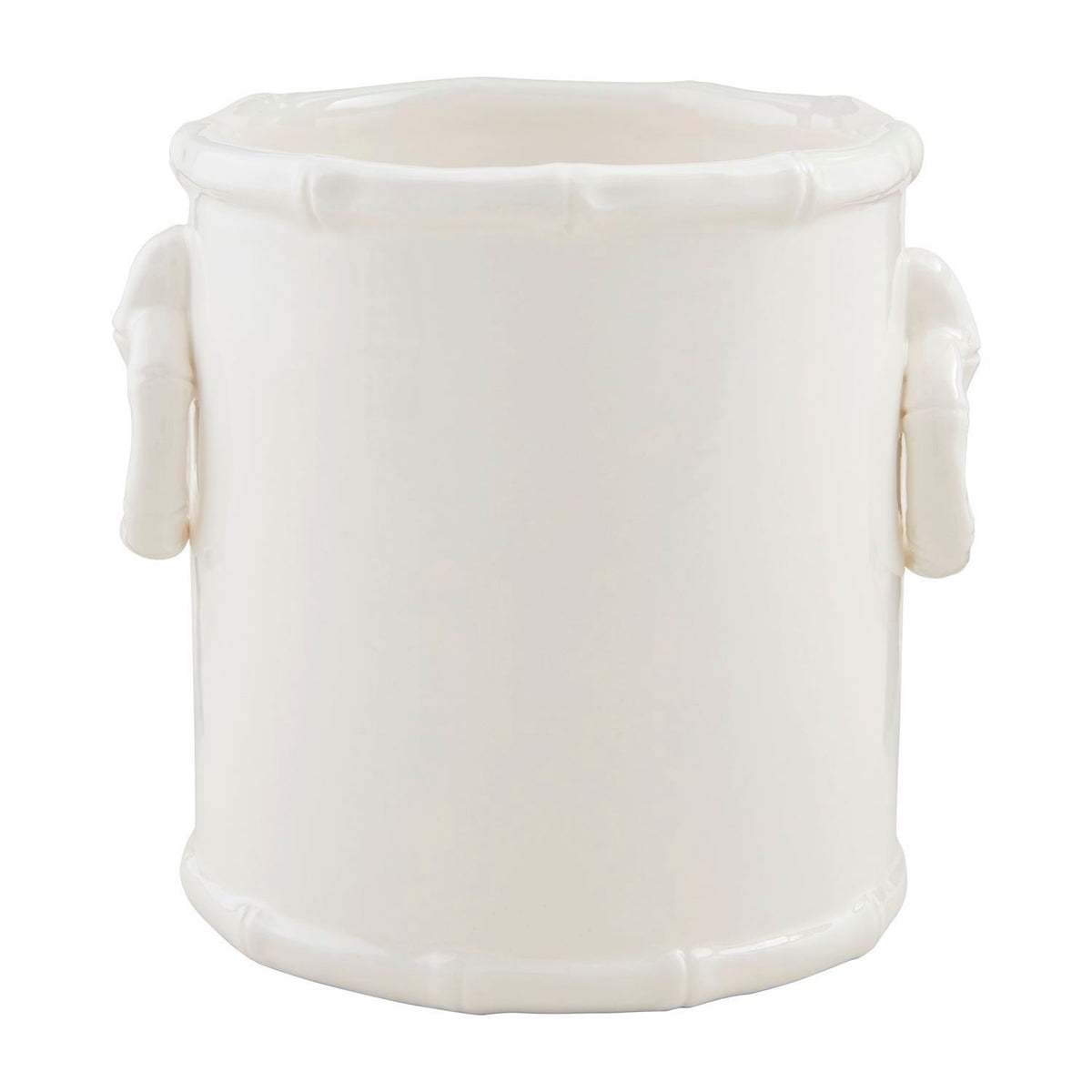 White stoneware utensil holder with bamboo textured detail and side ring handles.