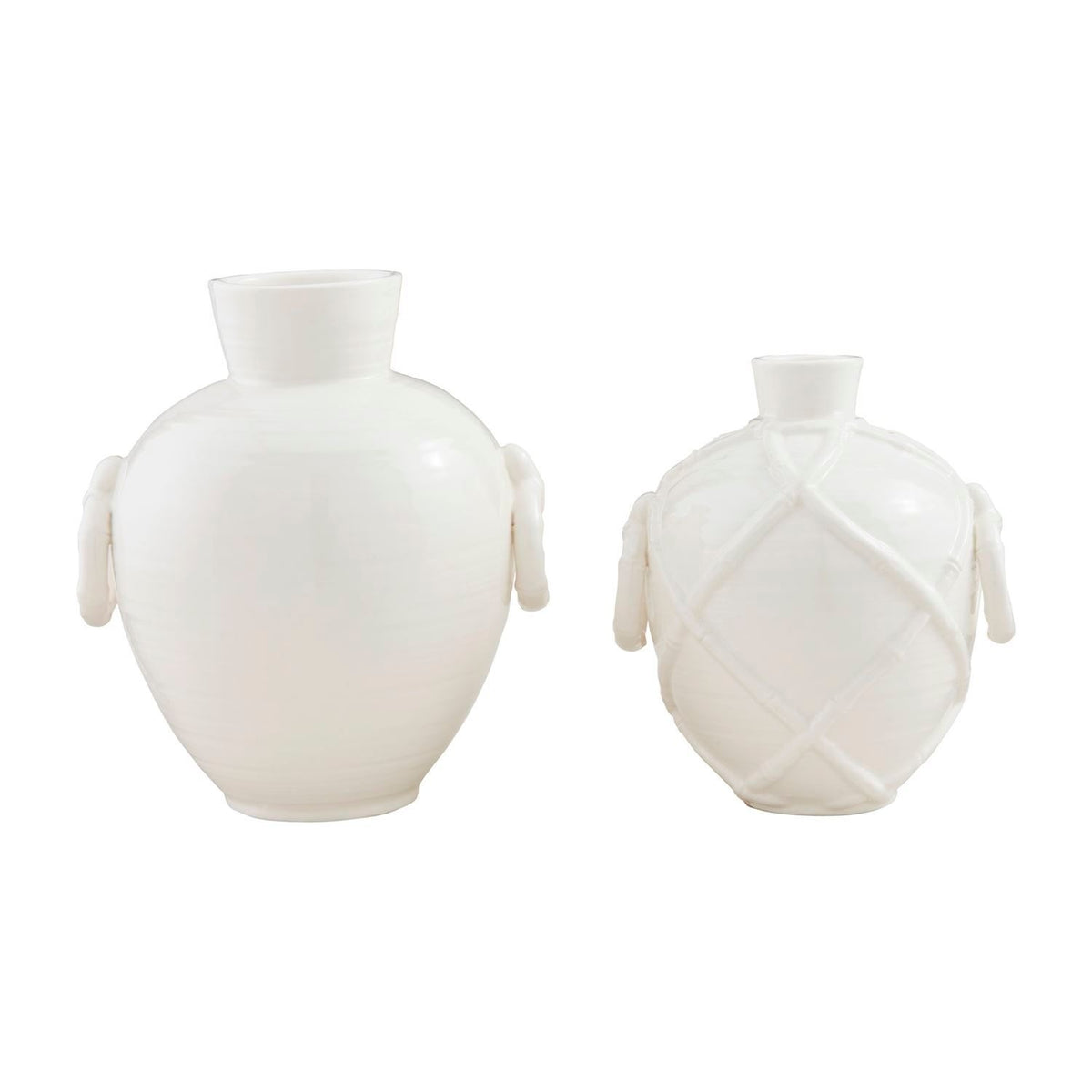 White stoneware vase with bamboo textural detail and side ring handles.