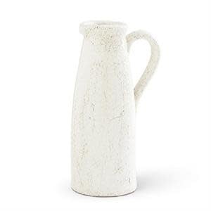 White ceramic pitcher with a crackled glaze finish measuring 14.75 inches tall.