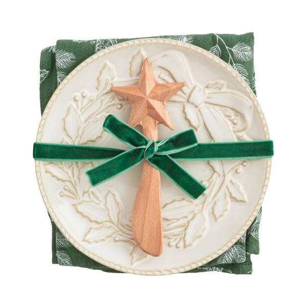 White Christmas appetizer plate set with wreath relief texture on milk glazed stoneware.