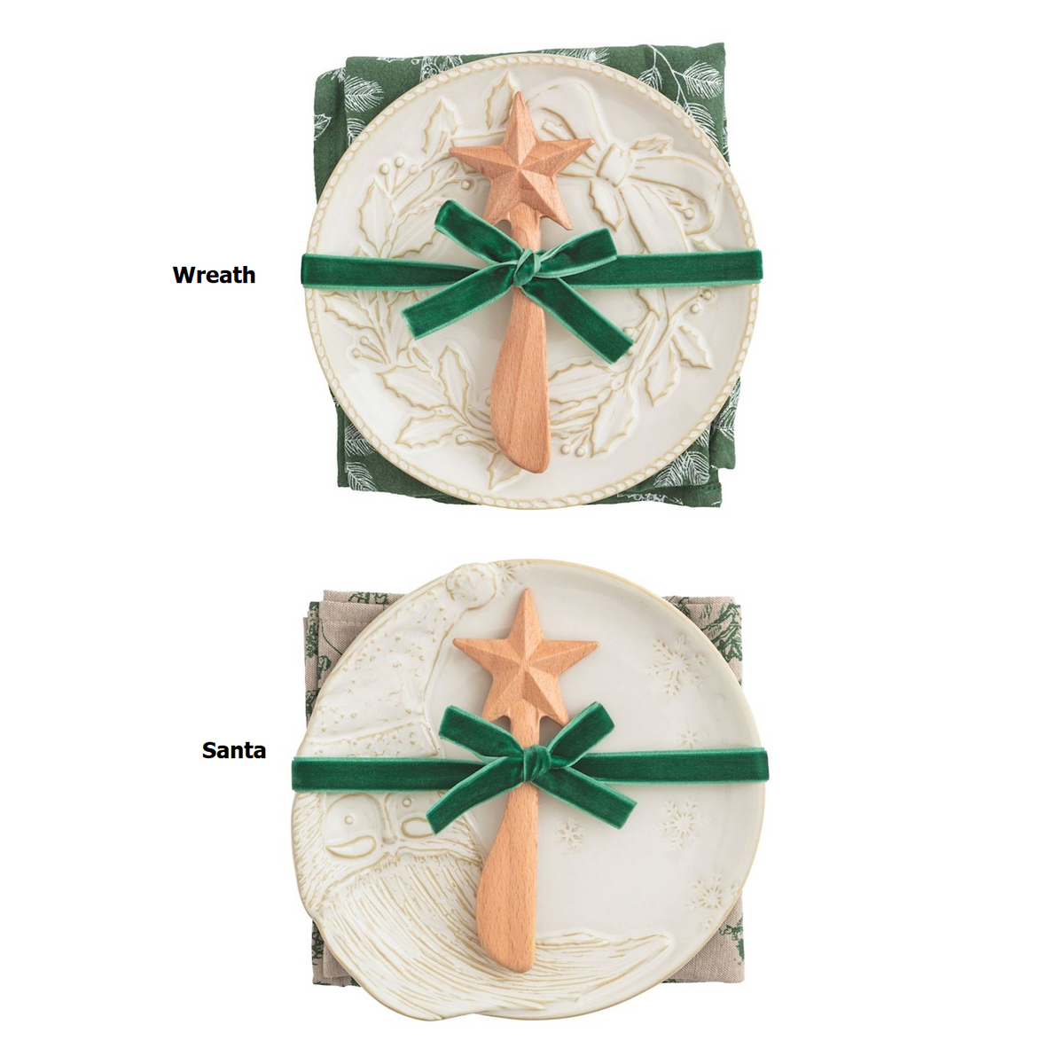 White Christmas appetizer set featuring a milk glazed stoneware plate with textured relief, spreader, and cotton towel.