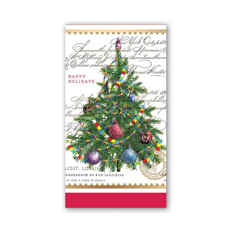 White Hostess napkins with a Christmas-themed festive pattern.