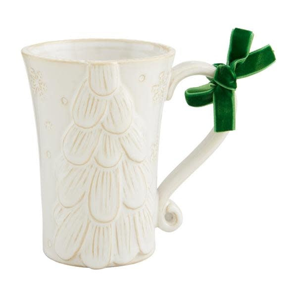 White Christmas tree stoneware mug with milk glaze and antique wash finish.