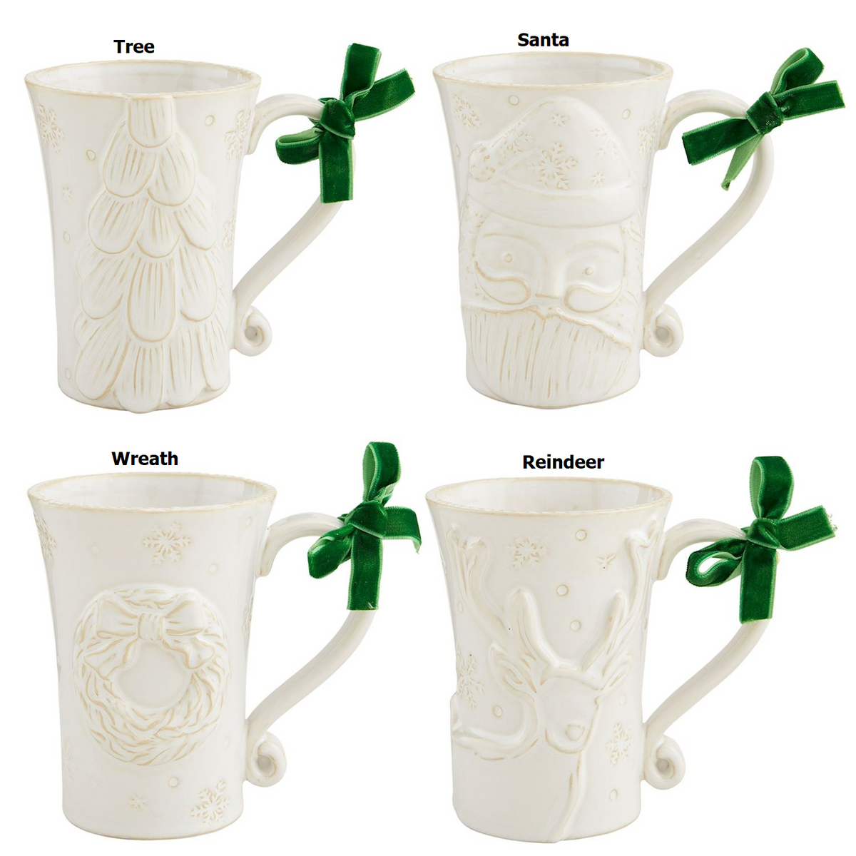 White Christmas mug with milk glazed stoneware texture and raised antique wash motif.