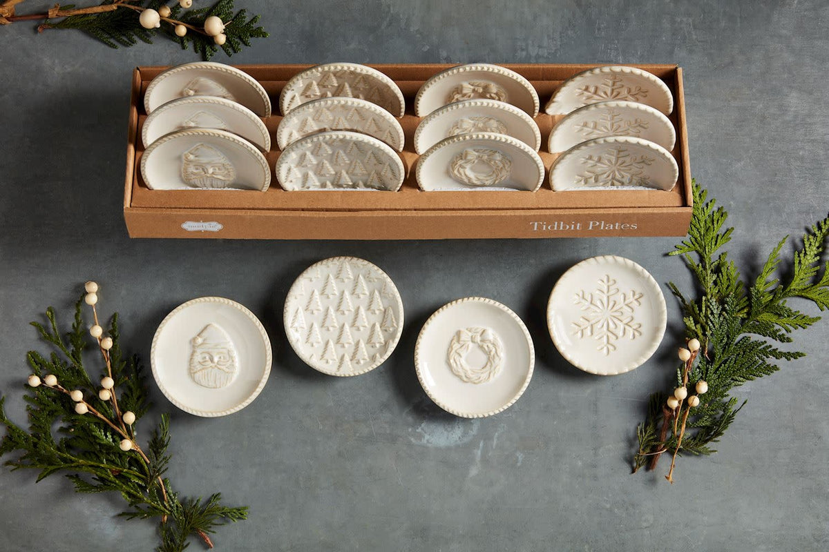 White glazed dolomite stoneware tidbit plate with antique wash finish