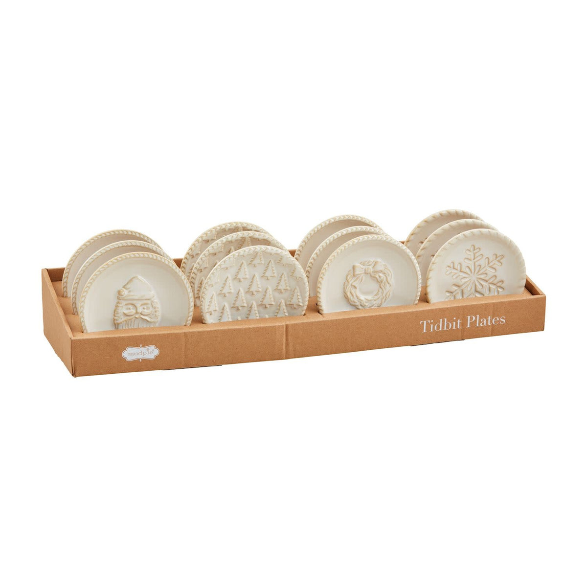 White Christmas Tidbit plate made from dolomite stoneware with a milk glaze and antique wash finish.