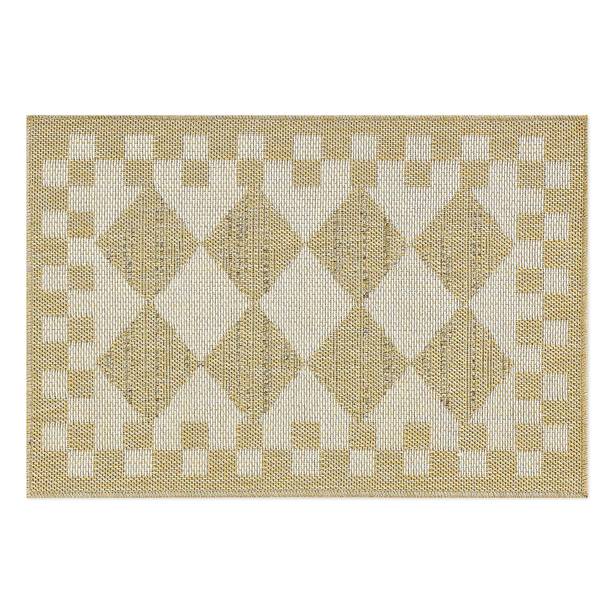 White diamond-patterned indoor/outdoor rug with check border made of woven polypropylene