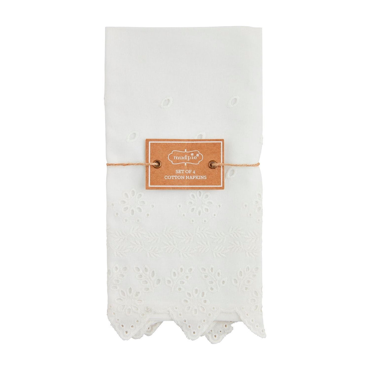 Set of four white cotton napkins with eyelet trim.