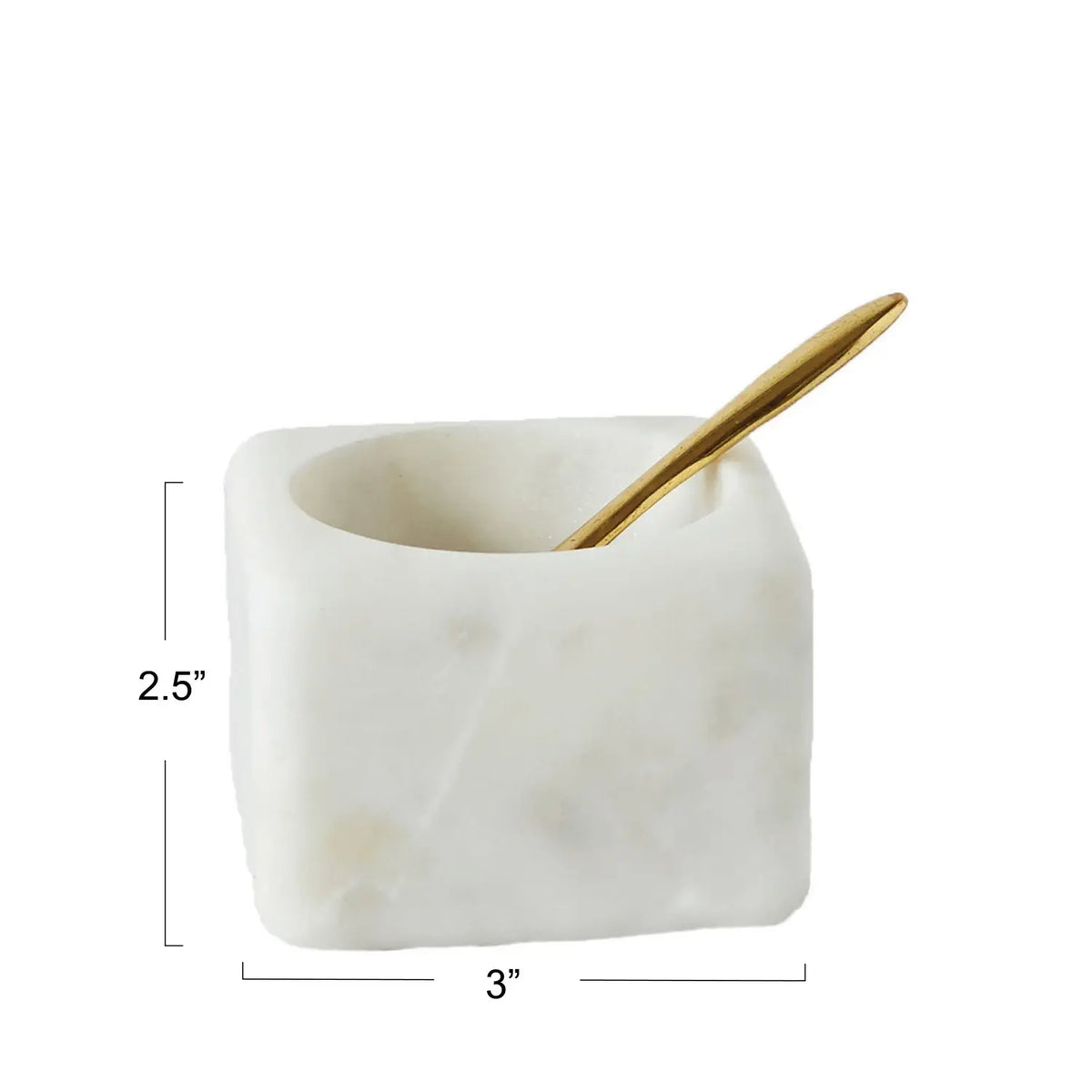 Square white marble bowl with round opening accompanied by a brass spoon