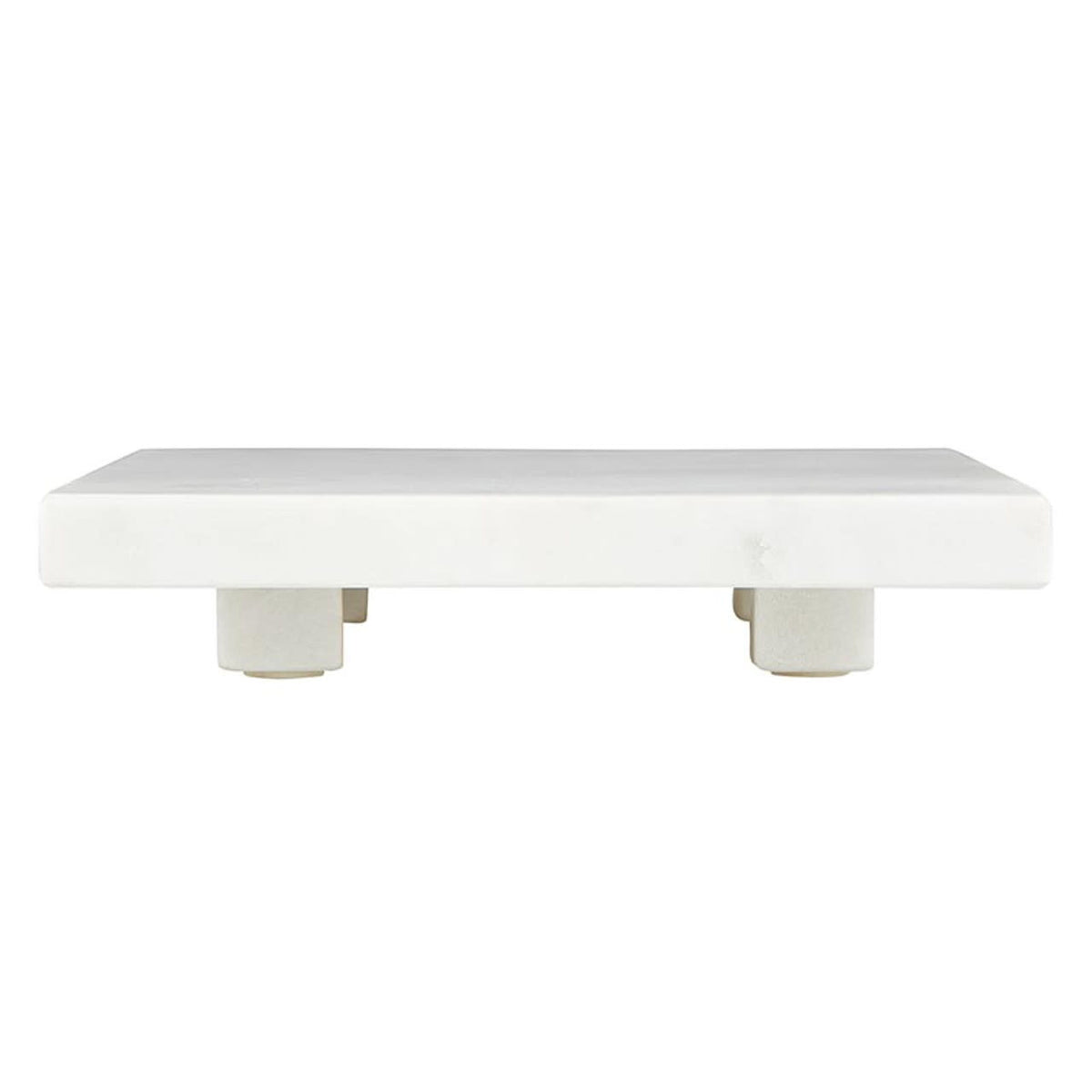 White marble footed tray with natural veining on a square base.