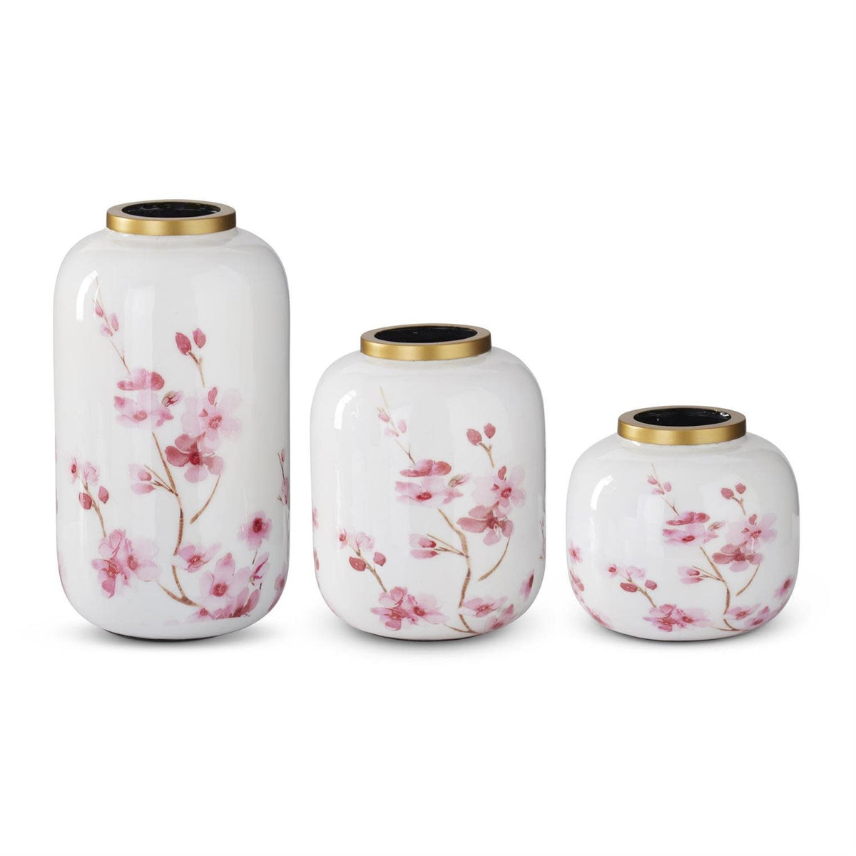 White enameled iron vase with pink cherry blossom floral pattern and gold rim