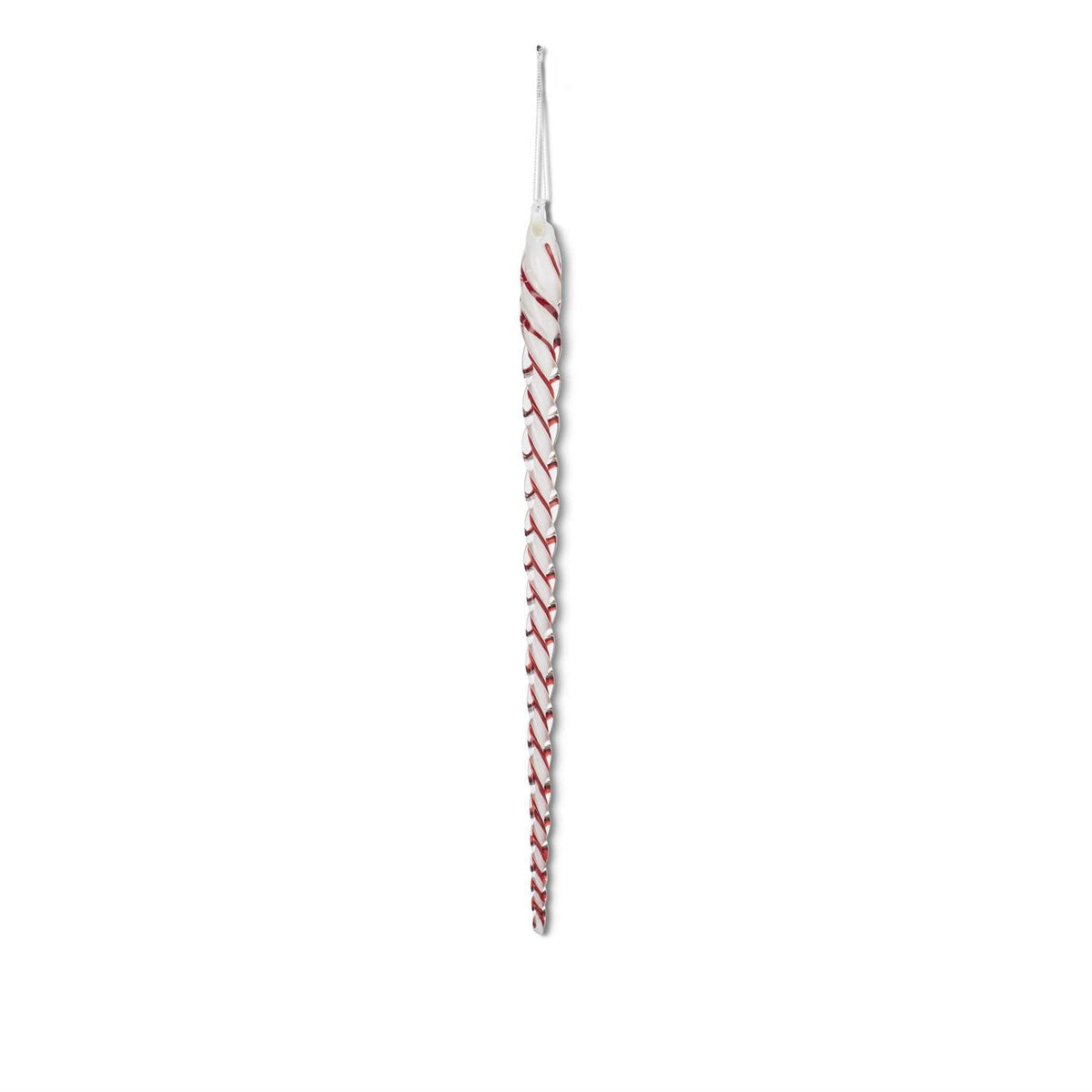 White glass icicle ornament with red spiral detailing