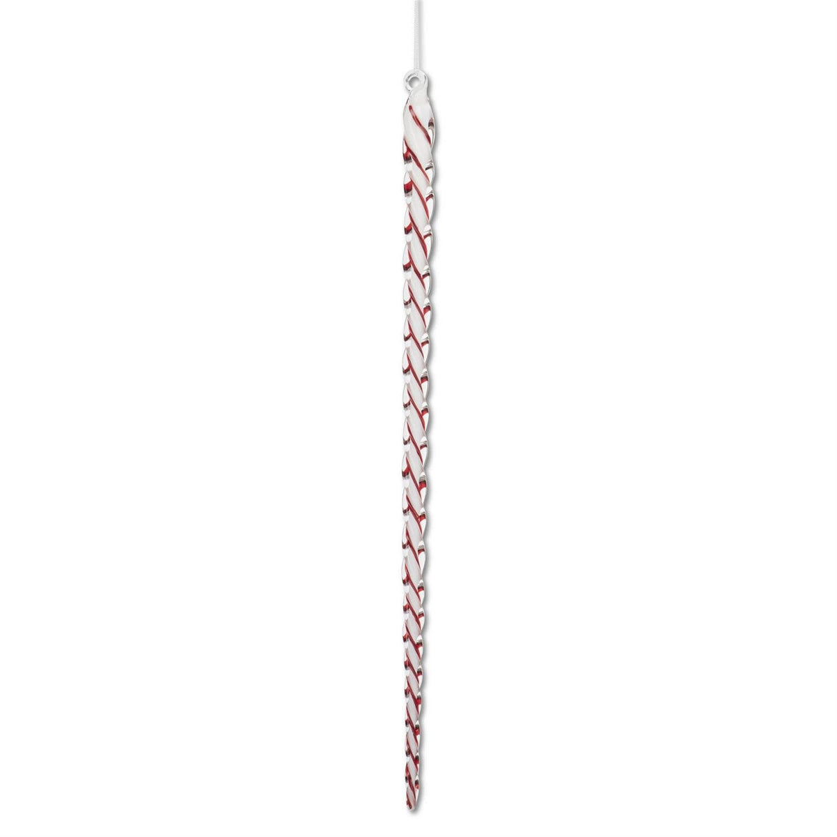 White glass icicle ornament with red spiral detailing