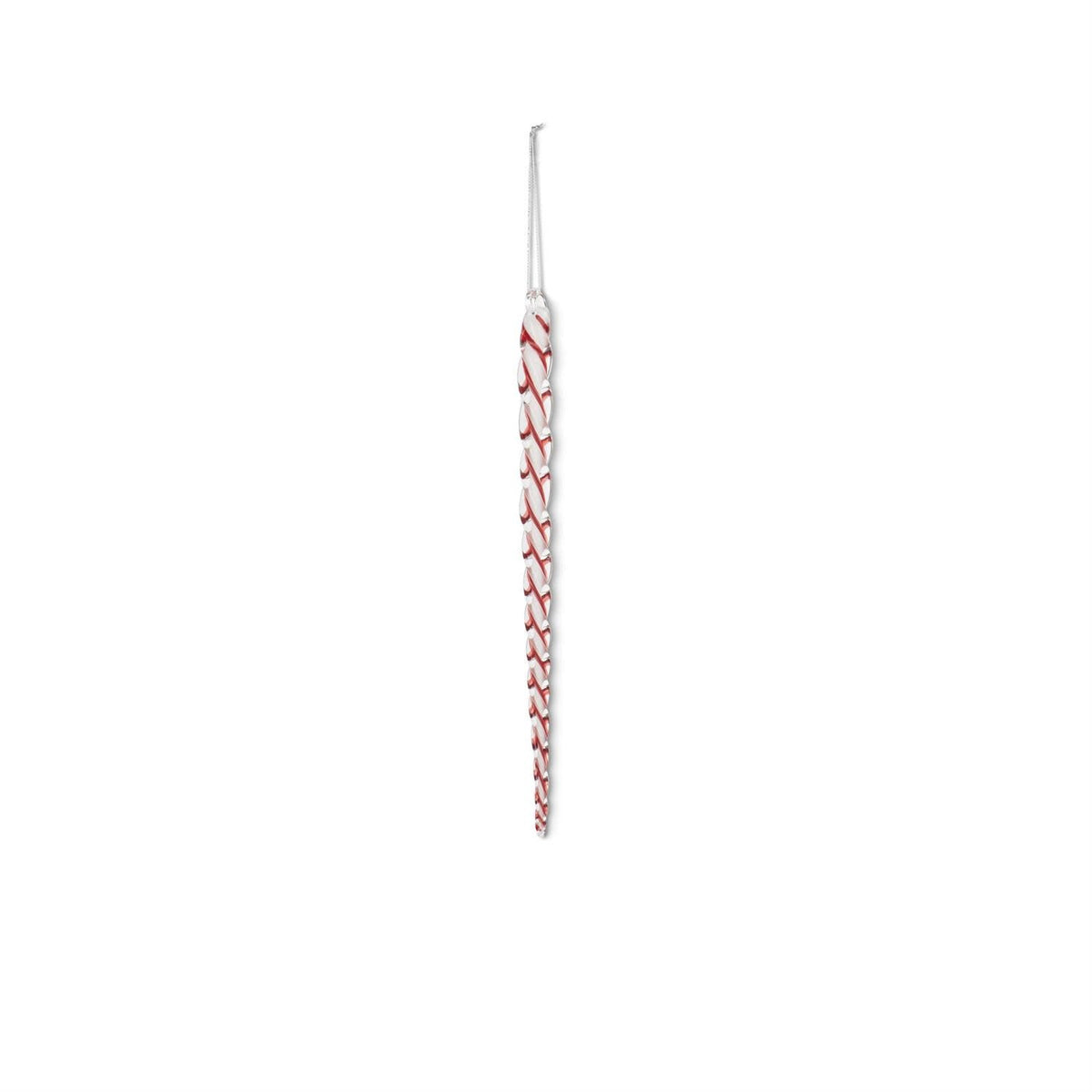White glass icicle ornament with red spiral detailing