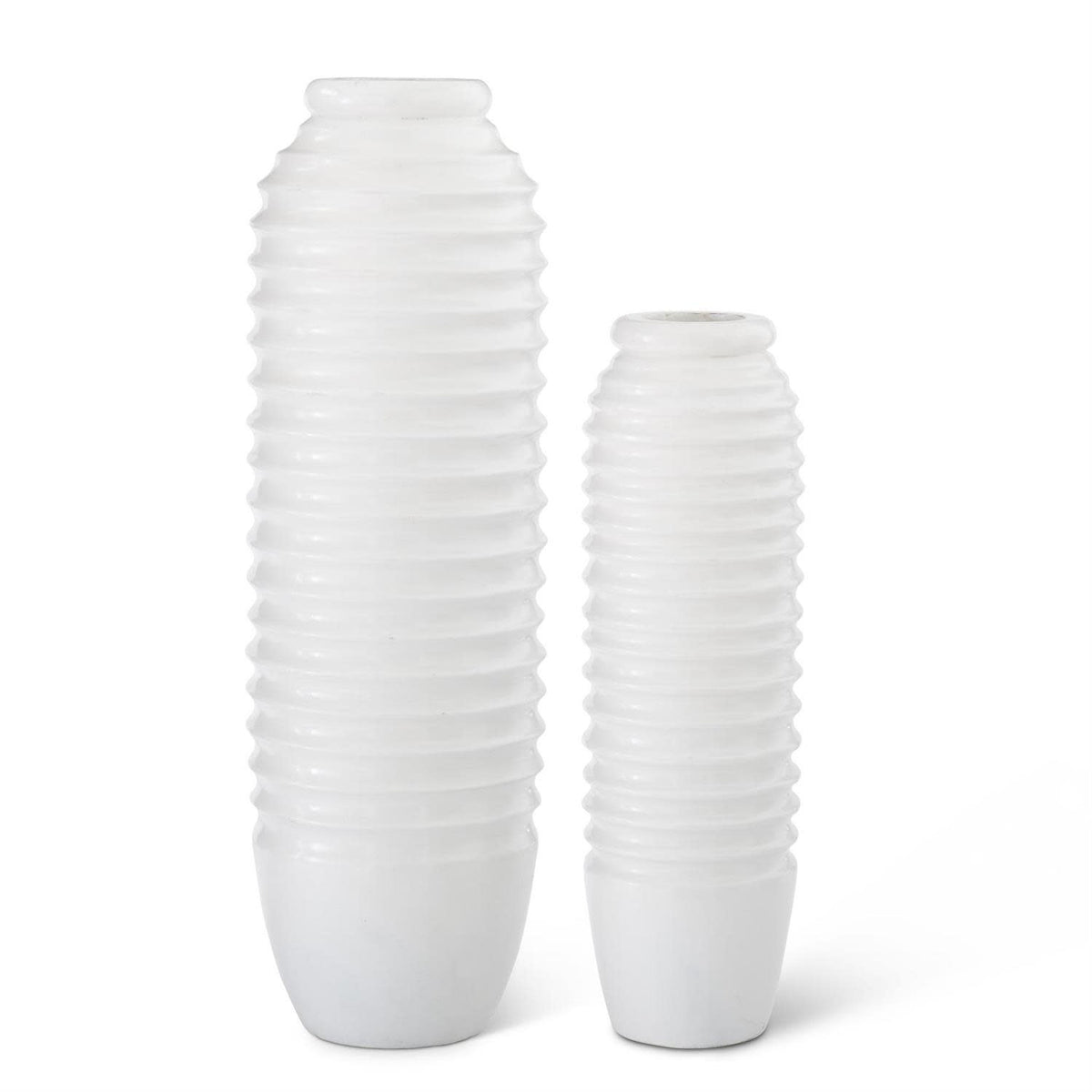 White ribbed carved mango wood vase with rustic modern silhouette