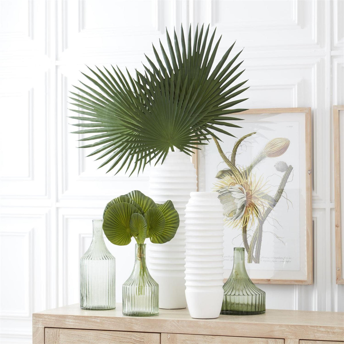 White ribbed carved mango wood vase with rustic modern silhouette