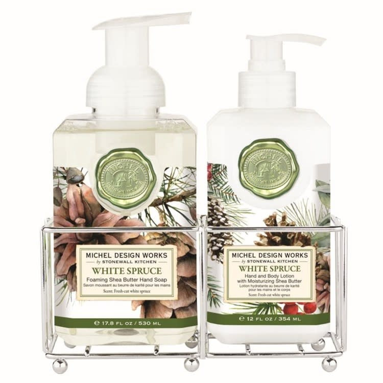 White spruce hand care caddy holding foaming soap and lotion bottles.