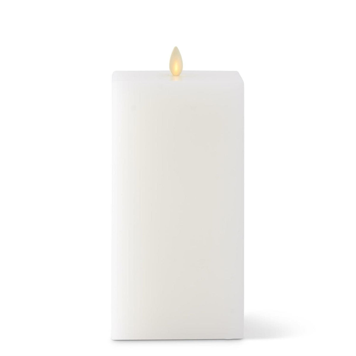 Large white square Luminara flameless candle with soft flickering light effect.