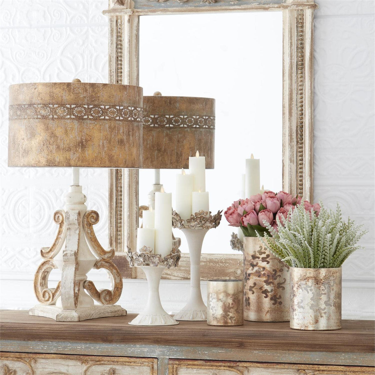 White wax pillar candle with slim cylindrical shape and electronic timer switch.