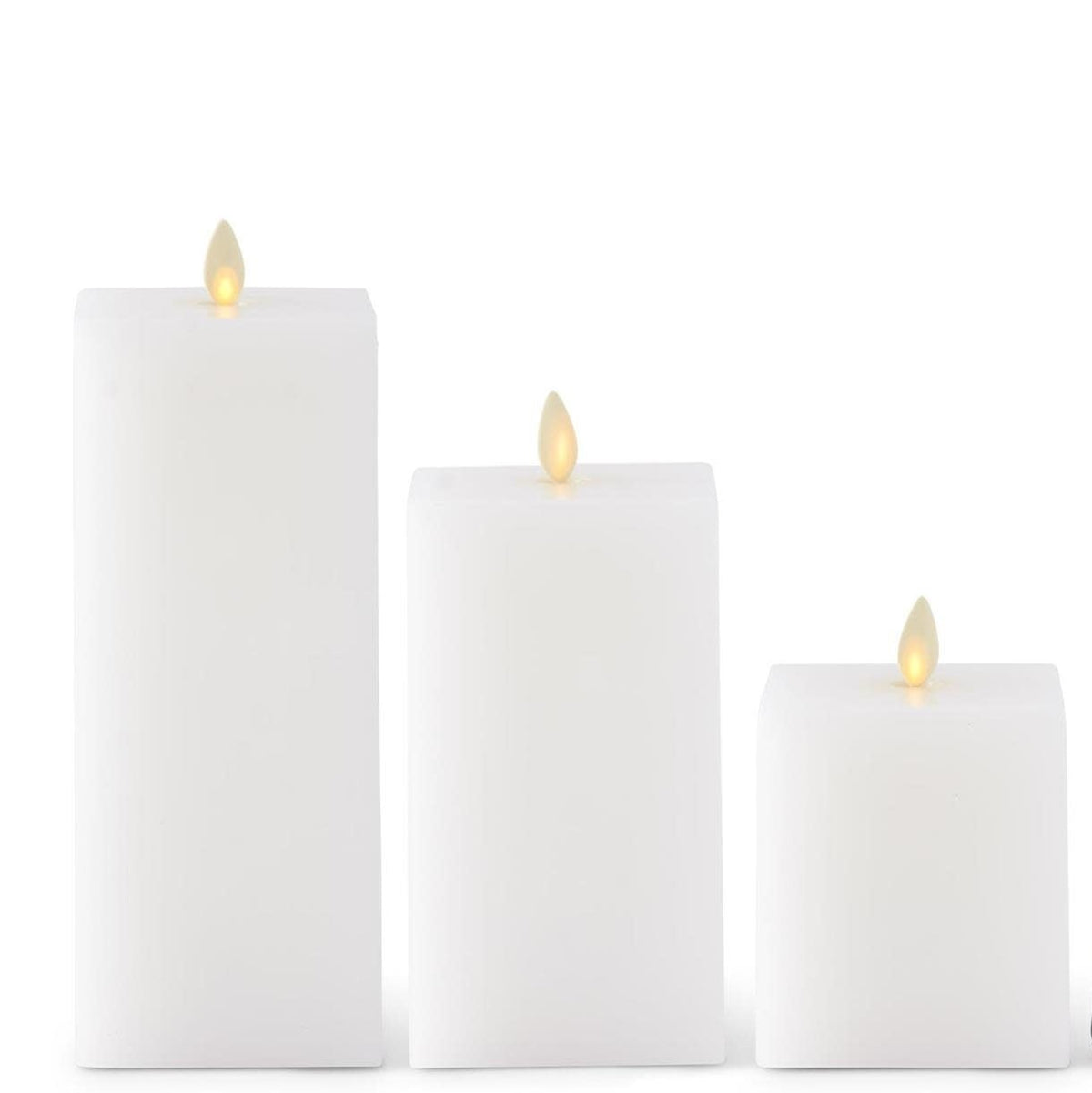 White square flameless candle with realistic flickering light effect.