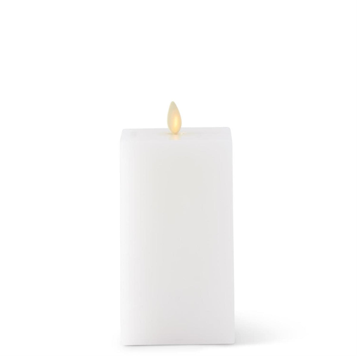 White square Luminara flameless candle with realistic flickering light effect.