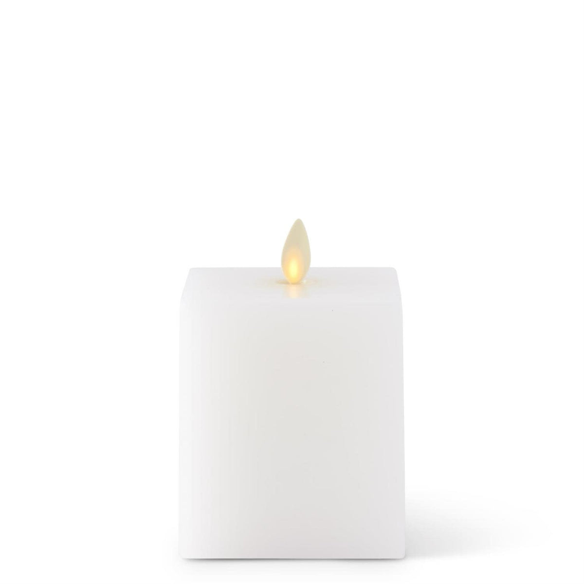 White square flameless candle with realistic flickering light effect