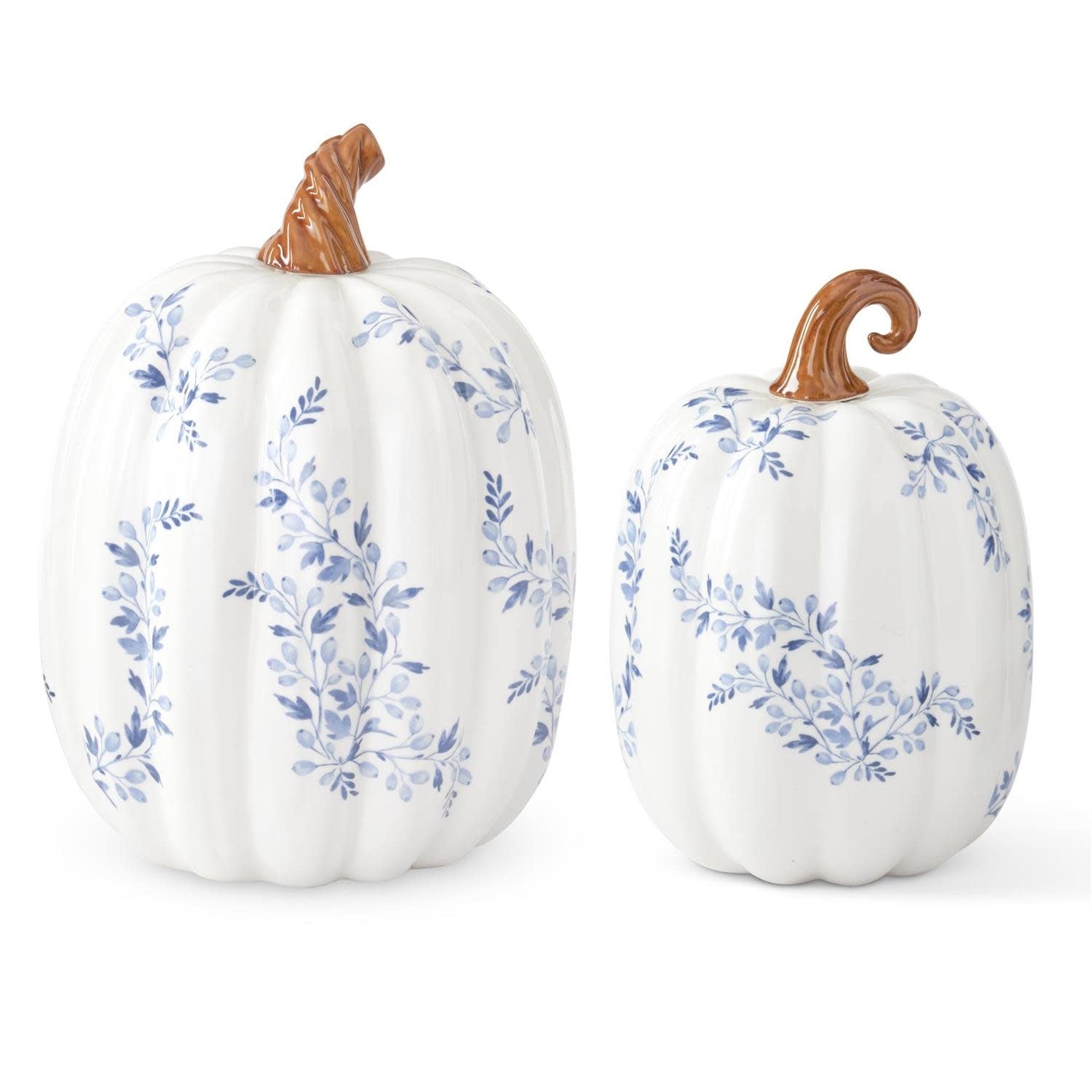 White ceramic pumpkin with blue floral patterns on a neutral background