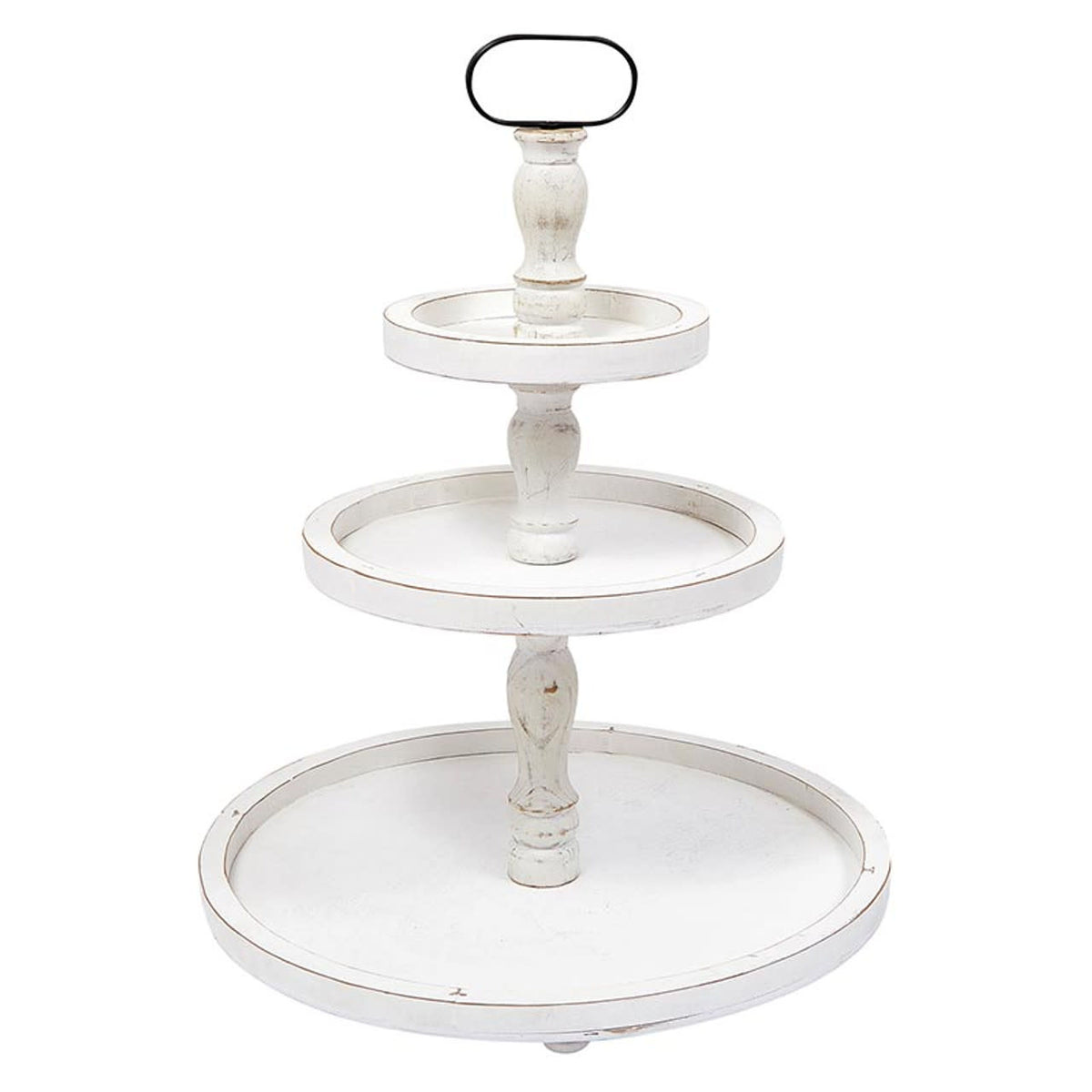 White solid wood three-tier circular stand with a natural finish.