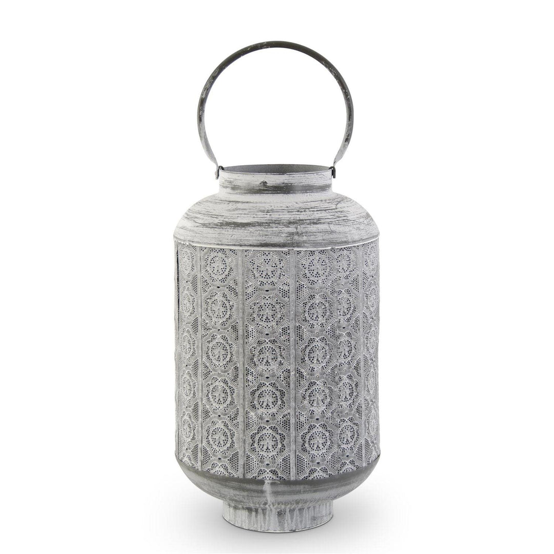 Whitewashed Medallion Punched Metal Lantern with Candle Lift