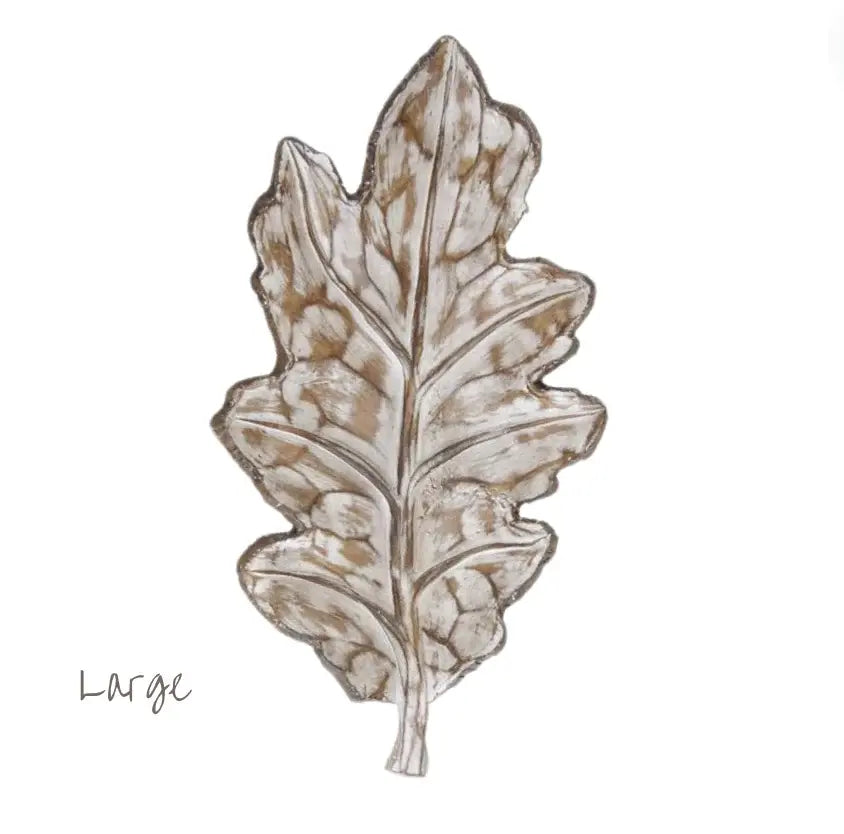Whitewashed resin leaf tray with organic oval shape