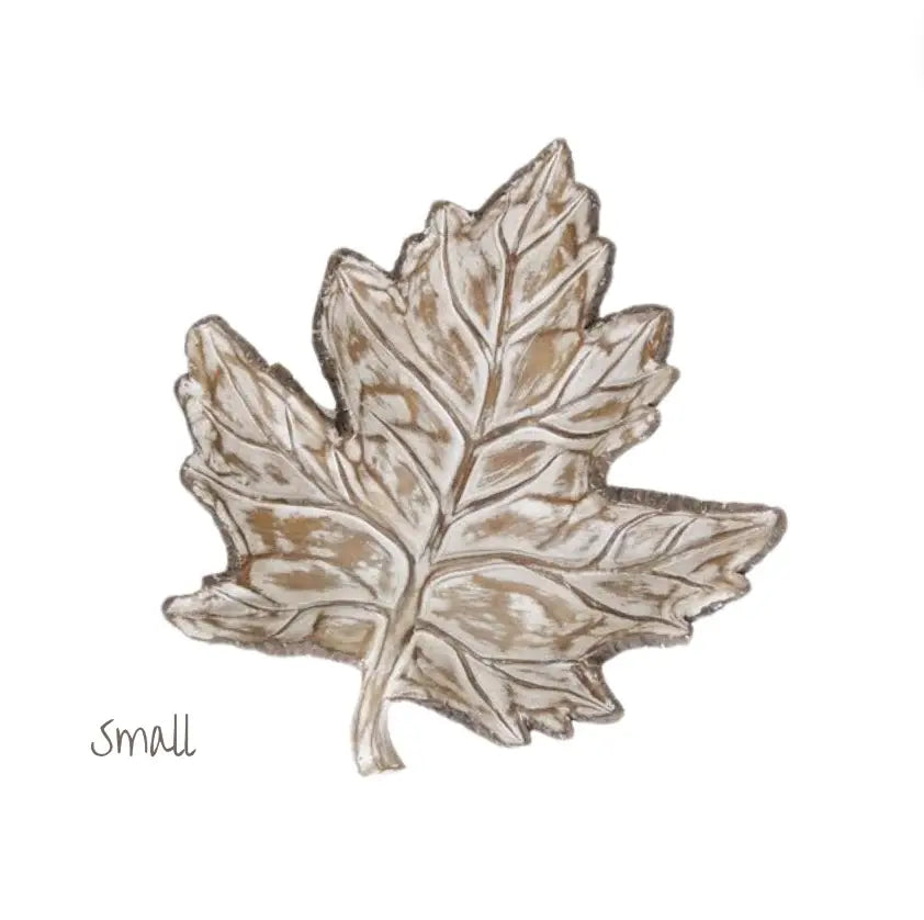 Whitewashed resin leaf tray with natural wood grain accents