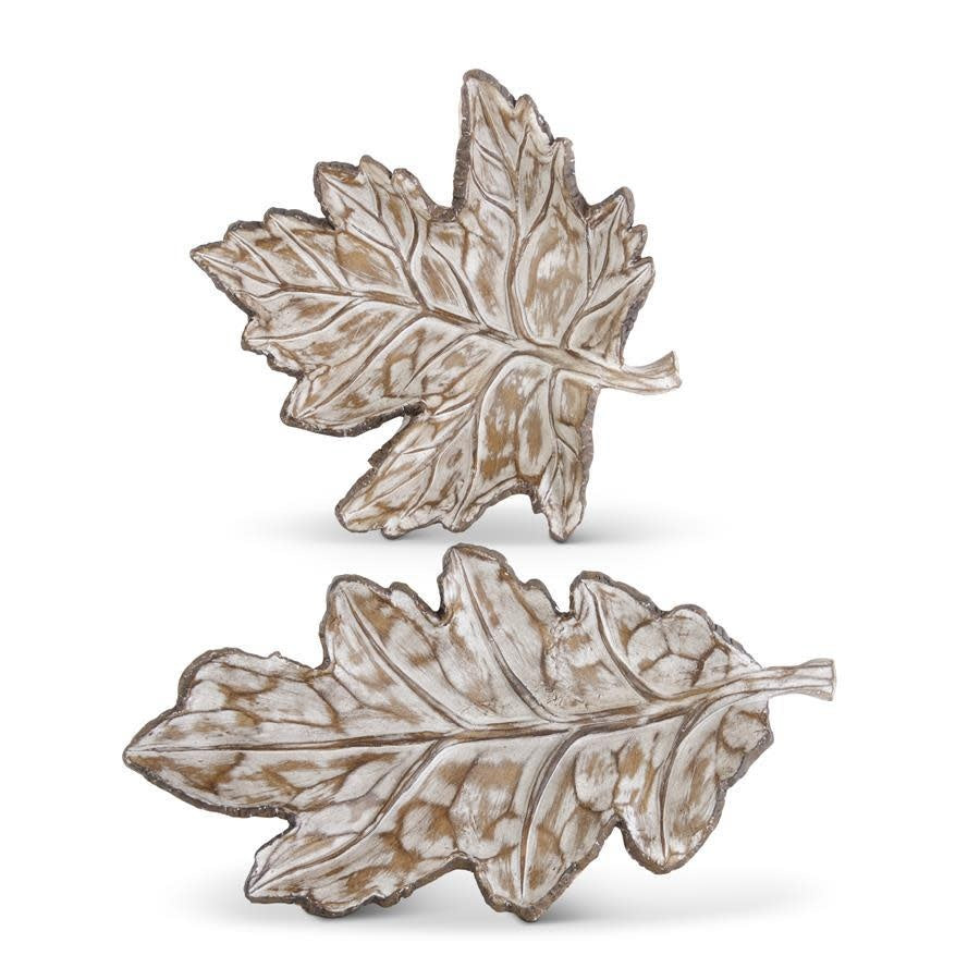 Whitewashed resin leaf tray with natural wood grain accents