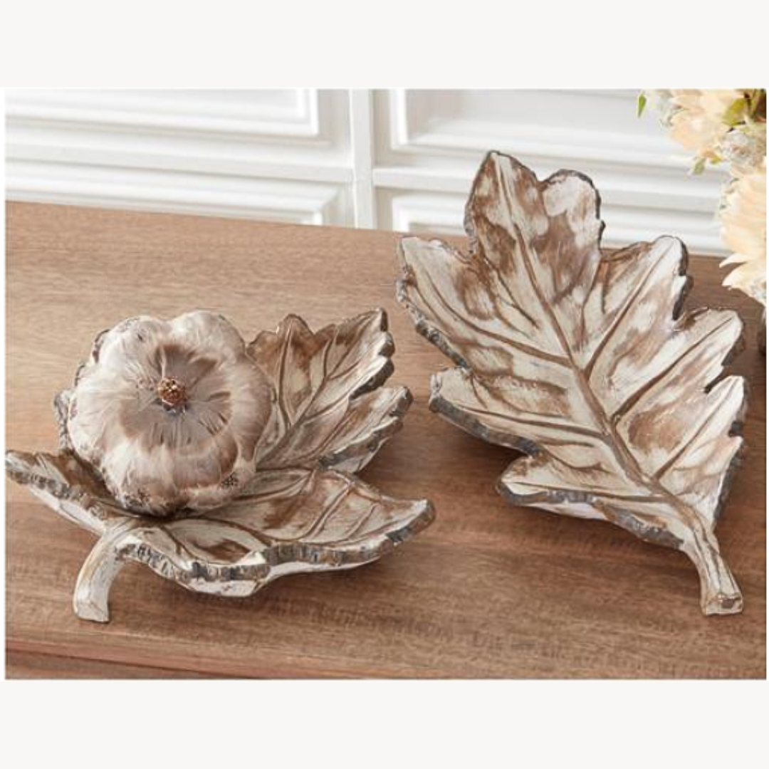 Whitewashed resin leaf tray with natural wood grain accents