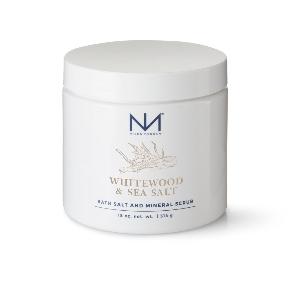 White jar of Whitewood & Sea Salt bath salts with a natural lid.