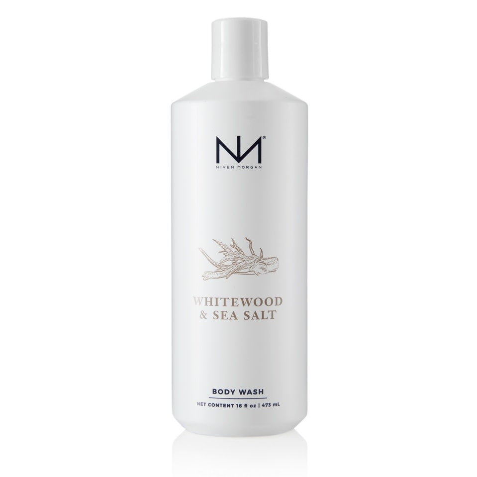 Whitewood & Sea Salt body wash bottle with ocean-inspired label