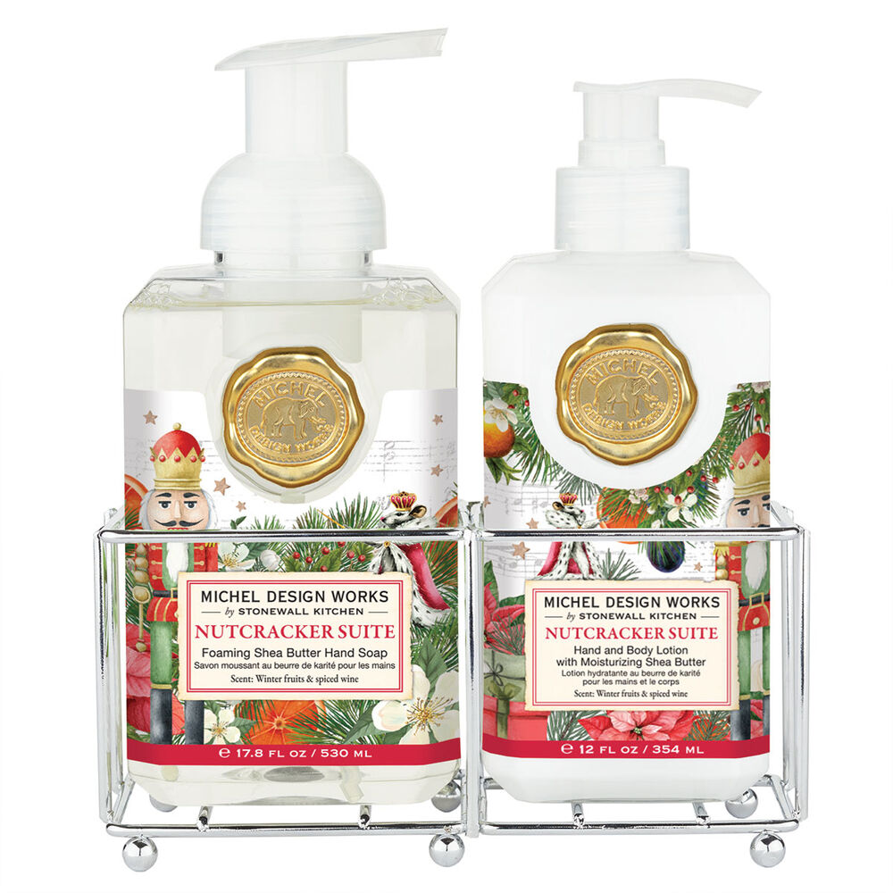 Hand Care Caddy containing foaming hand soap in a clear bottle with pump dispenser and lotion in an opaque white squeeze tube.
