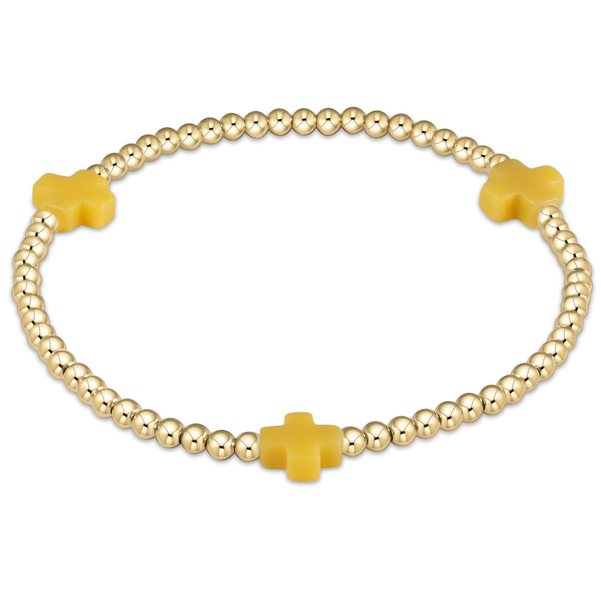 Signature Cross 3mm gold-filled bead bracelet with three yellow cross accents on elastic cord.