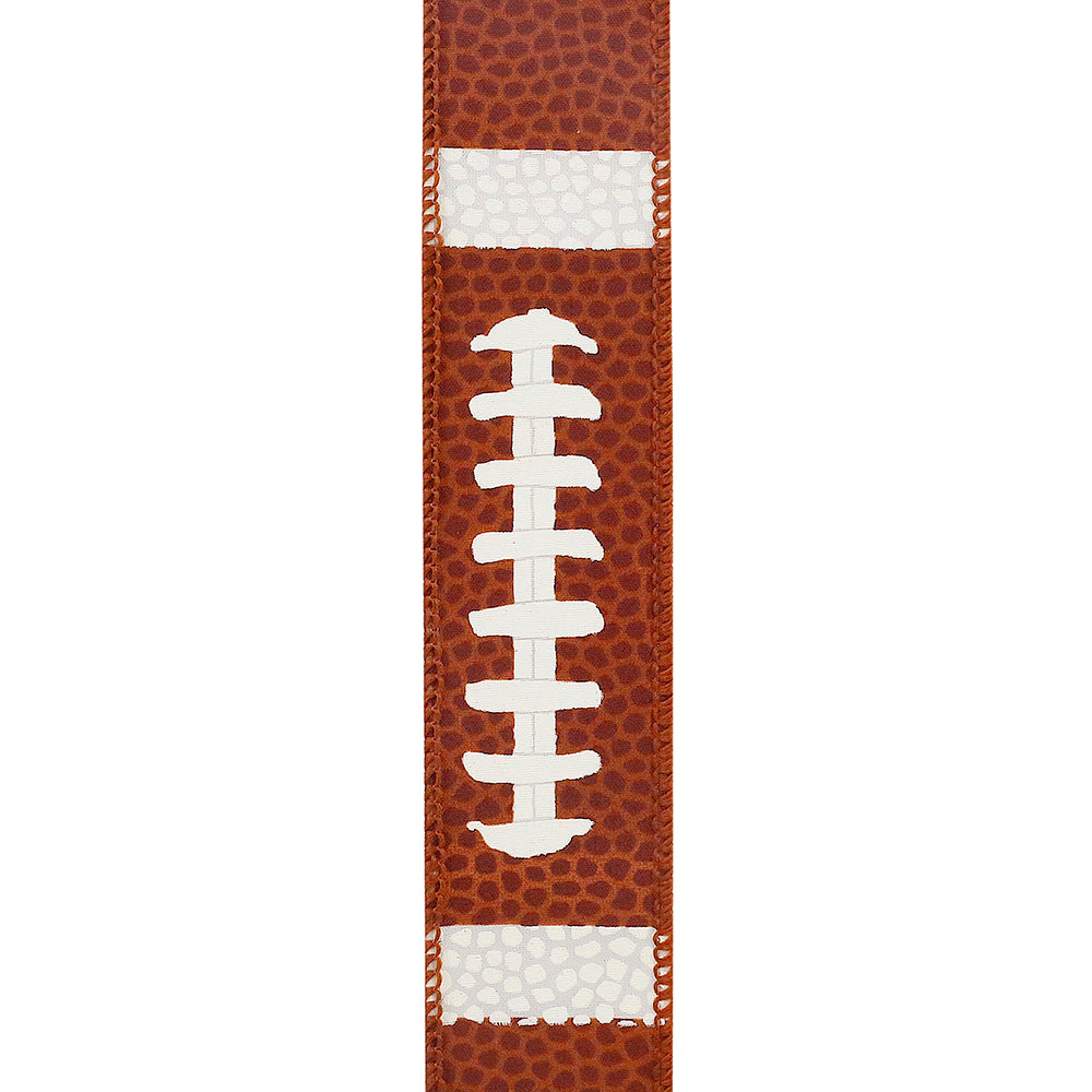 1.5 inch brown football pigskin textured ribbon with white laces and stripes and wired edges.