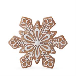 Polyresin gingerbread snowflake ornament with white icing outline detail.