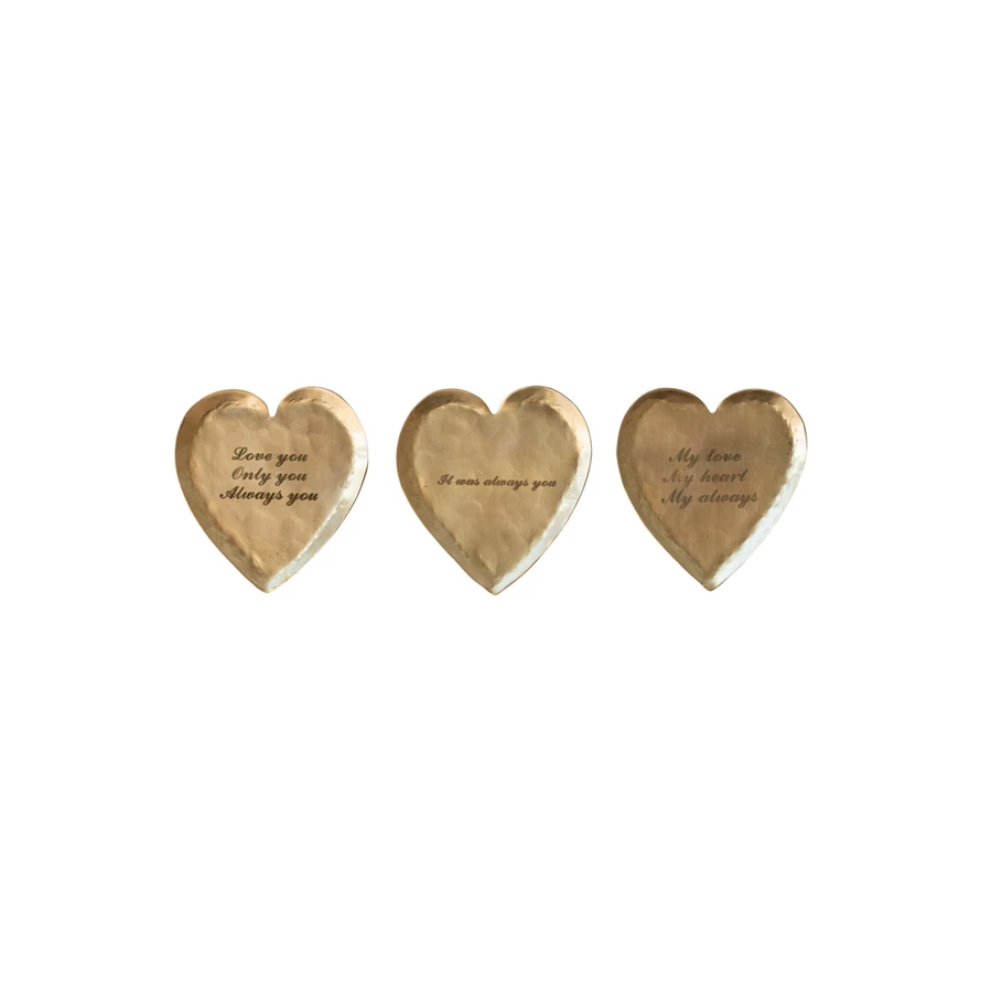 Hammered brass heart-shaped dish with laser-etched saying
