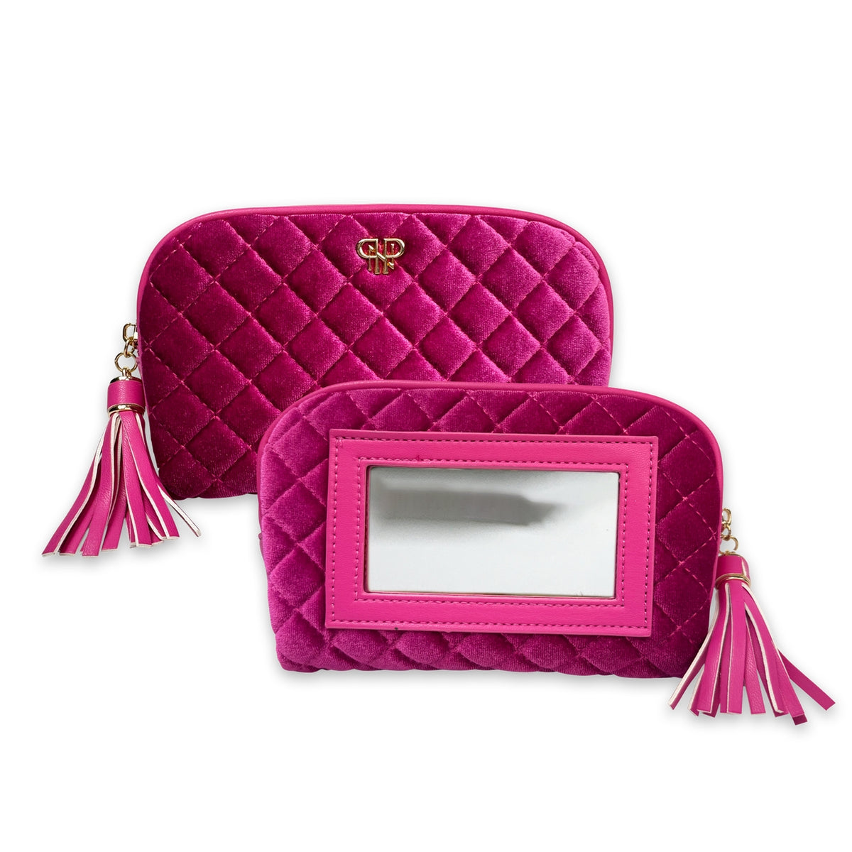 White velvet Glam Makeup Case with wipeable exterior mirror, coated cotton interior lining, and two built-in pockets.