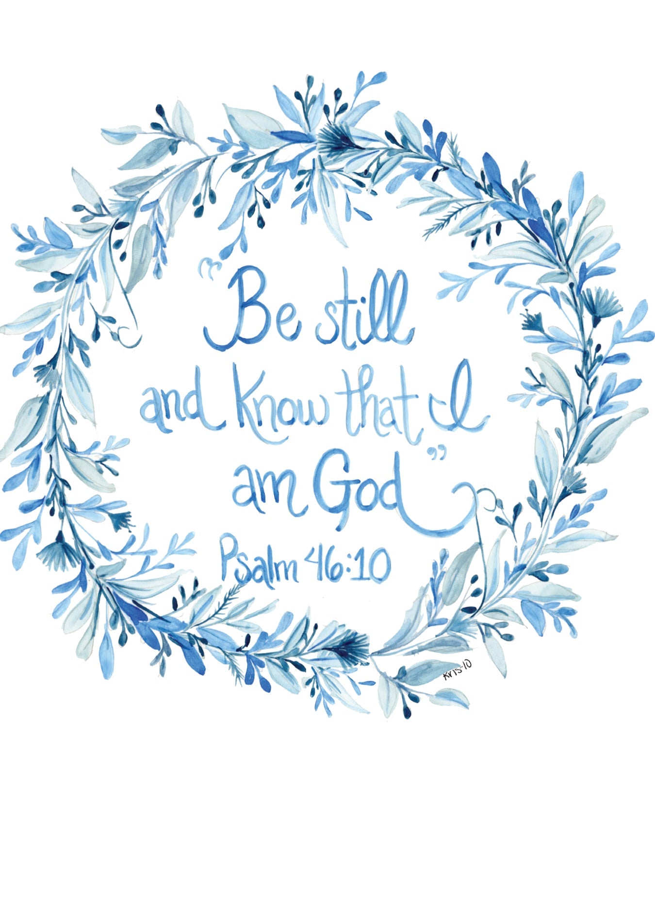 A6 blue wreath with white text reading 'thinking of you' and a scripture quote from Romans.